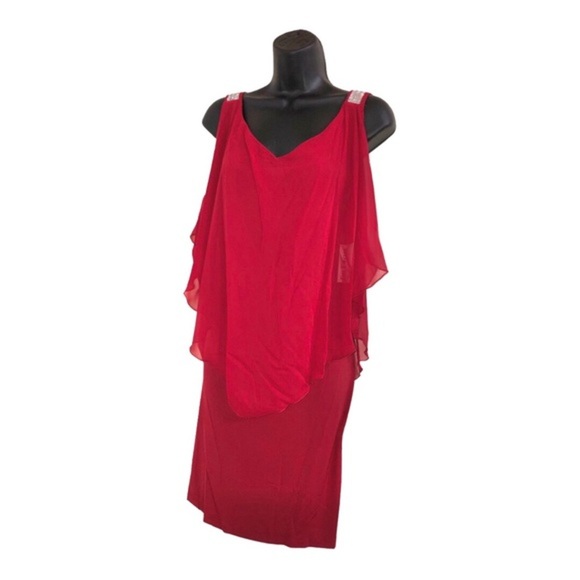 EnFocus red sheer cape sequin strap cold shoulder elegant plus size dress 14W - Picture 8 of 16